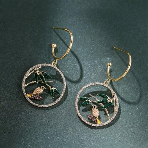 2021 New Design Chinese Fashion Jewelry Vintage Hollow Bird Plant Flowers Dangle Earrings for Women Handmade Wholesale Factory