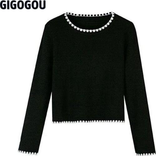 GIGOGOU Jaquard Knit Basic Women Sweater O Neck Knitted Autumn Female Jumper Short Style Striped Christmas Sweaters Pull Femme