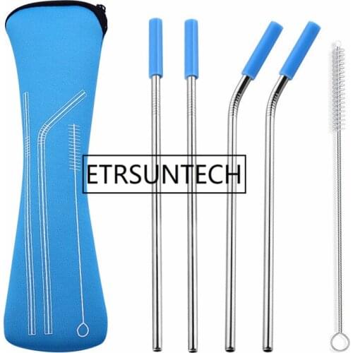 4pcs/set 304 Stainless Steel Straws Reusable High Quality Silver Drinking Straw with Brush & Neoprene Bag for 20oz Tumblers mugs