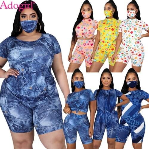 Adogirl Fashion Casual 3 Piece Set Fake Jeans Stars Print Short Sleeve T Shirt Shorts Suit Plus Size S-5XL Women Tracksuit