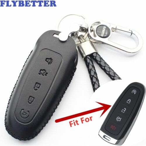 FLYBETTER Genuine Leather 5Button Keyless Entry Smart Key Case Cover For Ford Edge/Explorer/Escape/Flex L340