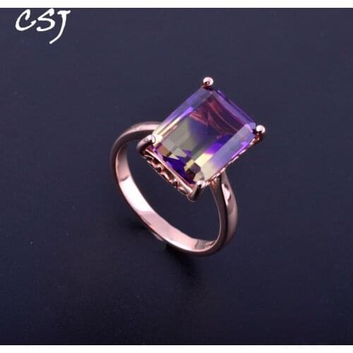 CSJ Elegant Ametrine Rings Sterling 925 Silver Natural Gemstone Oct10*14mm 8.3ct Women Lady Wedding Engagment Party Gift Box