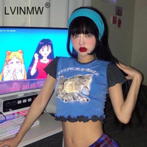LVINMW Casual Round Neck Short Sleeve Ruffles Letter Cats Print Crop Top 2020 Summer Women Patchwork Fashion T Shirt Streetwear