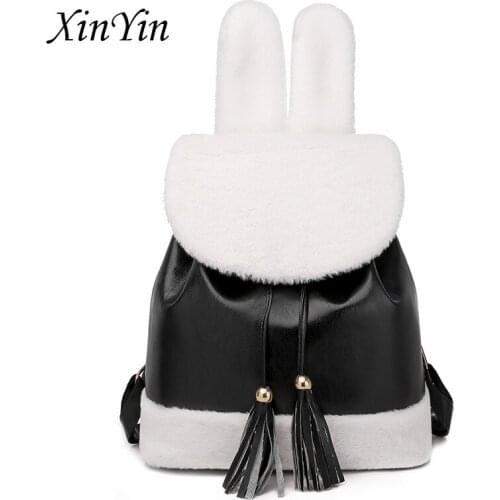 Fashion furry rabbit ear backpack cute girls shoulder bag mini fluffy PU leather plush schoolbag women travel bag large capacity