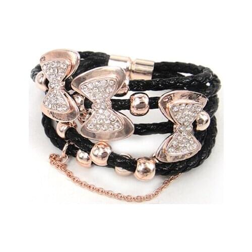 MOODPC Free Shipping Leather magnetic Bracelet Jewelry Women Crystal Bowknot Charm alloy Bracelets Bangle