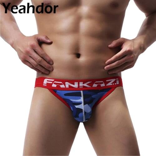 Mens Briefs Panties Breathable Net Camouflage Print Low Rise Letters Print Bulge Pouch Open Butt Jockstrap Thong Sexy Underwear