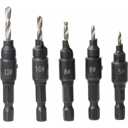 5pcs Countersink Drill Woodworking Drill Bit Set Drilling Pilot Holes For Screw Sizes #5 #6 #8 #10 #12 With a wrench