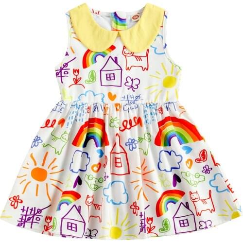 New Little Girl’s Summer Vest Style Dress Sweet Drawing Graffiti Printing High Waist A-line Princess Dress
