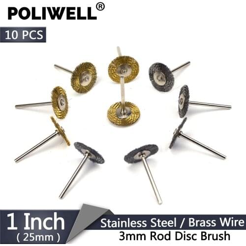POLIWELL 10PCS 1Inch Rust Removal Cleaning Polishing Round Steel Wire Brush Disc 3mm Mandrel Brass Wire Brushes for Rotary Tools