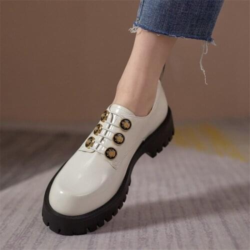 PXELENA Designer 2021 Button Women Oxfords Genuine Leather Sheepskin Spring Autumn Daily Comfort Shoes Round Toe Black White 40