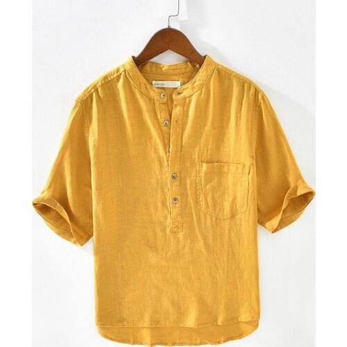 Pure Linen Short Sleeve Shirts for Men Single Pocket Casual Fashion Yellow White Tops Male 2021 Summer New Pullover Clothing