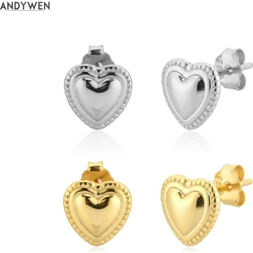 ANDYWEN 925 Sterling Silver Gold Heart Piercing Stud Earring Rock Punk Wedding Piercing Fashion Jewelry Rock Punk Jewelry