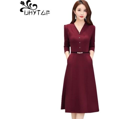 UHYTGF 5XL plus size dresses womens Long sleeve pullover autumn dress Solid color elegant bandage dress fashion long dresses 421