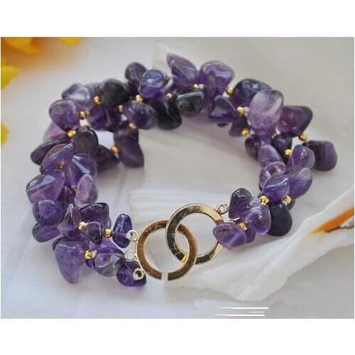 Pearl Bracelet,3Rows 8 inches Purple A-methyst Stone Crystal Beads Bracelet