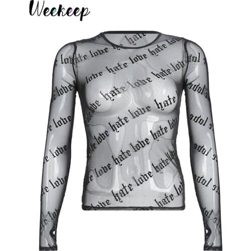 Weekeep Women Sexy Black Perspective Long Sleeve t shirt O-neck Mesh Cropped t-shirt Women Streetwear Tee Shirt Femme Tops