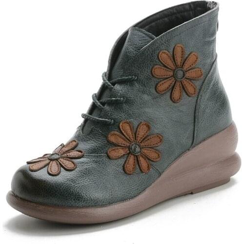 New Round Toe 100% Genuine Leather Wedge Heel Ankle Boots For Women Winter Warm Shoes Women Platform Boots With Flower