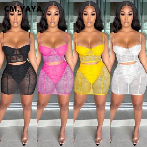 CM.YAYA Mesh See Though Beach Womens Tracksuit Midi Shorts Skirts Set with Crop Tops Matching Two 2 Piece Set Active Sweatsuit