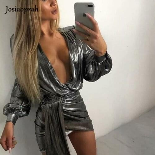 Josiaoprah Wrap Bandage Bodycon Dress Women Sexy Party Dresses Elegant Deep V Neck Mini Autumn Spring Dress 2021 Vestidos