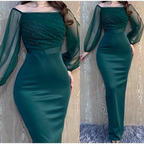 Retro Mermaid Long Sleeve Green Evening Dresses Maxi See Through Back Satin Floor Length Abendkleider Robes de Soirée for Women