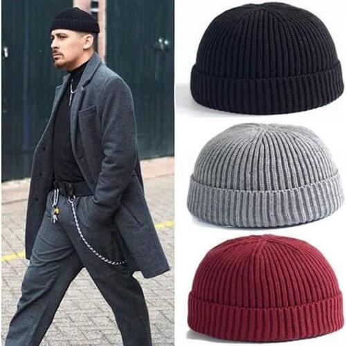 Winter warm Mens knitted skullcap casual cuff brimless Hip Hop hat short melon ribbed ski fisherman docker beanie hats