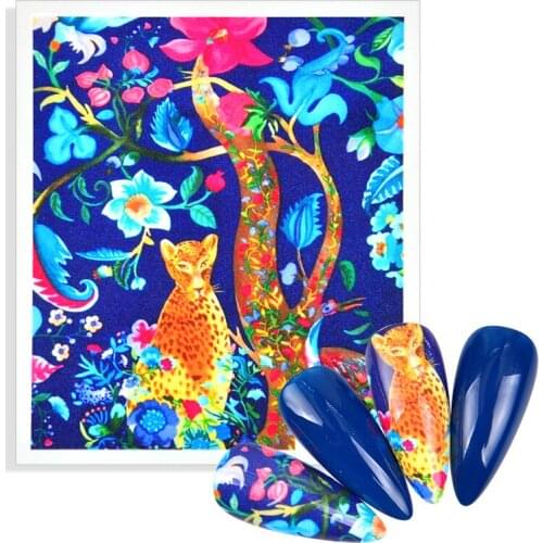 1pcs Blossom Flower Nail Water Sticker Blue Background Color Transfer Decal Tree Leaf Leopard Sliders Summer Nail Art Decoration