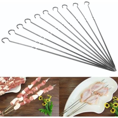 10PCS 40CM BBQ Barbecue Stainless Steel Grilling Kabob Kebab Flat Skewers Needle Food Camping Picnic vegetable