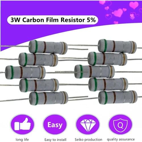 20Pcs/lots Four-Color Ring Resistor 3W Carbon Film Resistors 5% High Precision Ohm Resistance 1R~1M Full Value 1K 4.7K 10K 220R