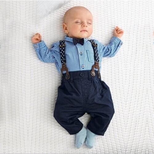 2020 Newborn Babys Sets Infant Boy Clothing Bow Tie Plaid T-Shirt+trousers Toddler Long Sleeve Pullover Costumes Sling Suit set