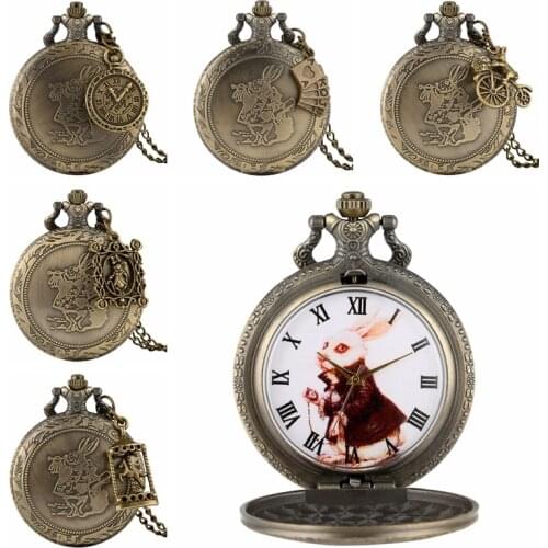 Bronze Alice In Wonderland Cute Rabbit Quartz Pocket Watch Pendant Necklace Chain Clock Girls Kids Gifts with Carousel Accessory
