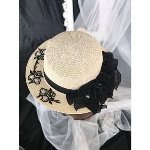 Black Lily French Retro Gothic Lolita Black White Embroidery Beach Cap Daily Handmade Flat Straw Hat Cosplay Women Party Hat