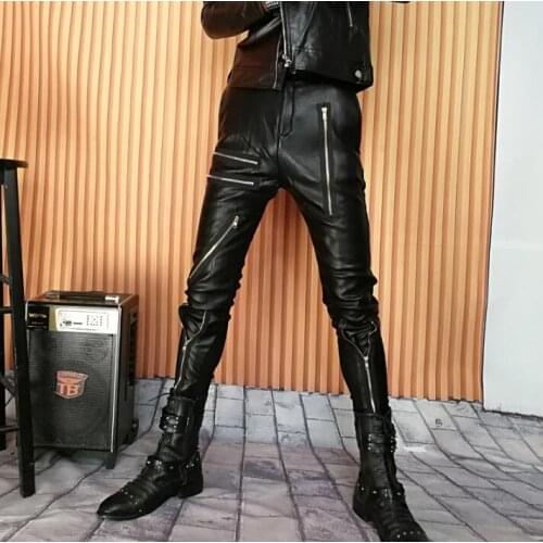 Splice black personality fashion motorcycle faux leather pants mens feet pants pu trousers for men plus velvet zipper warm