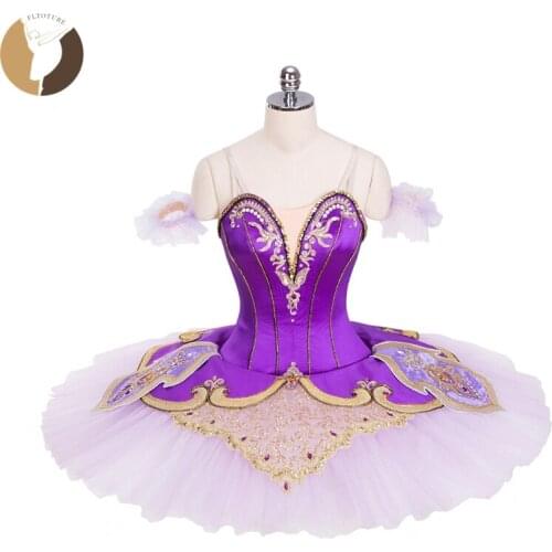 FLTOTURE Adult Women Classical Ballet Pancake Tutu Satin Fabric Sweet Lilac Princess Professional Stage Costume Purple Tutus 12