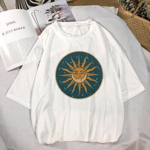 Aesthetic Femme Tshirt Women Summer Clothes Sun Moon Print Short Sleeve Street Tops Casual Tee Women T Shirt Female Tee