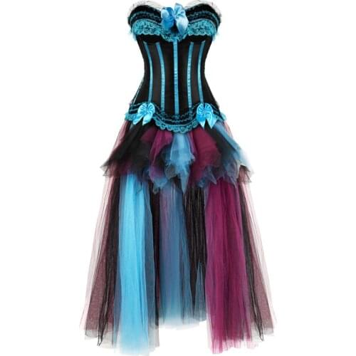 Gothic Corset Skirt Steampunk Striped Boned Bustiers with Long Tulle Tutu Push up Carnival Party Dresses Corsetto Sexy Plus Size