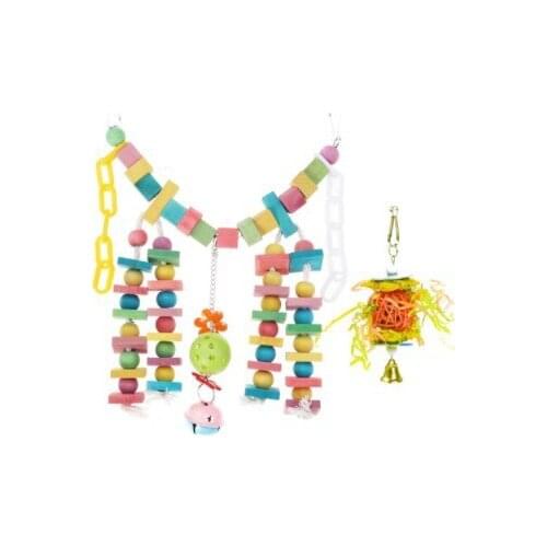 Pet Bird Parrot Toys with Hanging Ball and Rainbow Bridge Wood Bite Toy Total 2 pcs a set BT049
