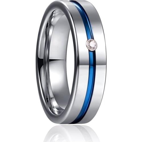 6mm Steel Color Flat Polished Blue Groove Inlaid Zircon Tungsten Carbide Ring Mens Fashion Wedding Jewelry Best Gift