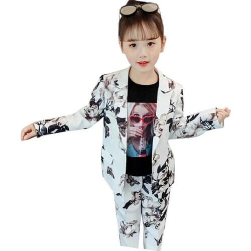 Suit For Girls Kids Clothes Print Blazers & Pants Girls Clothing Fashion Autumn Formal Clothes Set For Girls 6 8 10 12 14