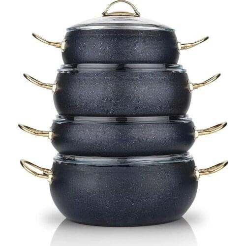 Schafer Jupiter Granite 8 Piece Cookware Set-Navy Blue-20 cm Deep Pot 24 cm Deep Pot 26 cm Deep Saucepan 26 cm Flat Saucepan