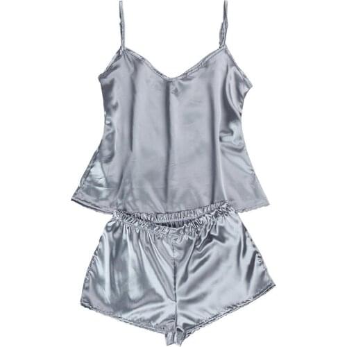 New Summer Pajamas Sexy Cute Pajamas Set Ice Silk Satin Sling Sleepwear Solid Color Pyjamas Women Pijamas Nightwear