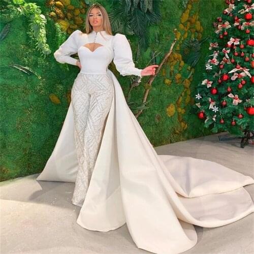 Newest Mermaid Wedding Dress With Detachable Train Appliqued Beads Bridal Gown Long Sleeves Custom Made Vestidos De Novia
