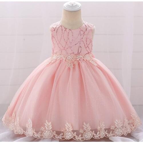 Toddler Birthday Party Ball Gown Dress Baby Girl Lace Sequined Pink Tulle Christening Princess Newborn Children Baptism 1 Years