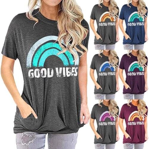 Popular Womens Pocket Sweater Rainbow Good Vibes Printed Letter Loose-Fit Short-Sleeve O Collar T-shirt
