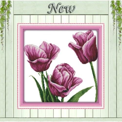 Purple tulip flowers home Decor painting counted printed on canvas DMC Set 11CT 14CT DIY needlework embroidery Cross Stitch kits