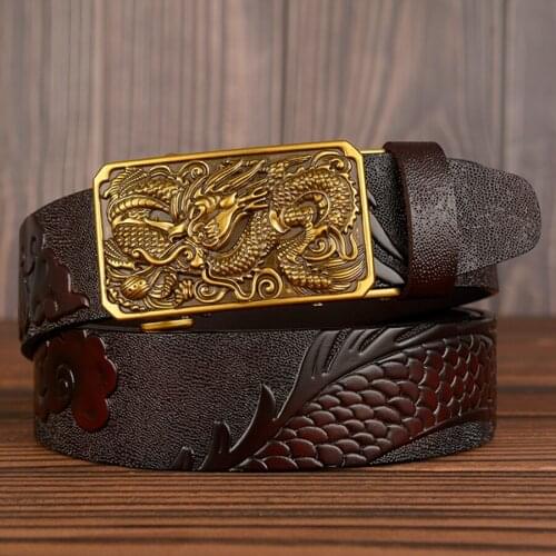 Cowhide Jeans Mens Belts Automatic Buckle Genuine Leather Belts Vintage Brand Waistband Dragon Strap Ratchet Belt For Men Male