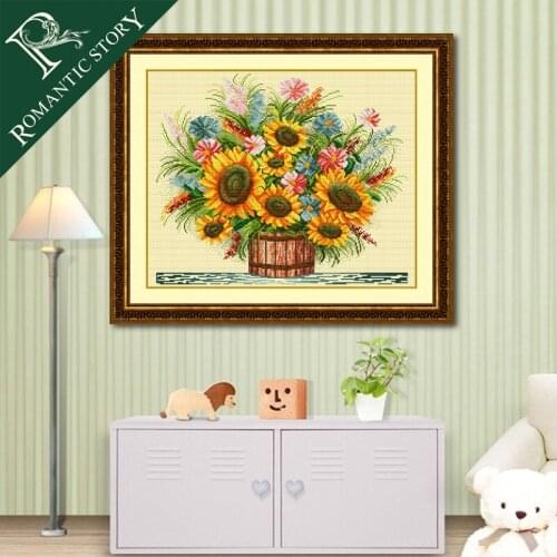 Romantic Story Sunflower Wooden Vase Patterns Decorations Cross Stitch Needlework DIY Printing Cross Stitch Sets For Embroidery