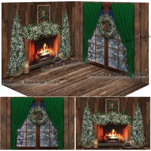 Christmas Tree Backdrop for Fireplace Photography Newborn Children Birthday Portrait Background Windows Wreath Photoshoot Props