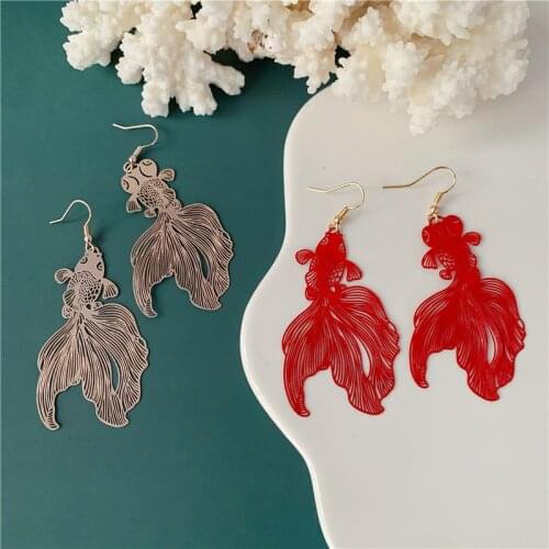 Red Goldfish Earrings Chinese Style Fashion Exquisite Paint Fish Tail Asymmetrical Earrings Temperament Womens Jewelry