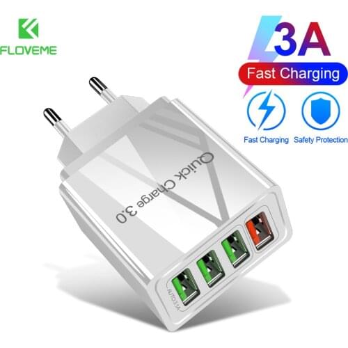 FLOVEME EU/US/UK Plug USB Charger 4 Ports Quick Charge 3.0 For Phone Fast Charger Adapter Portable Travel Wall Mobile Charger