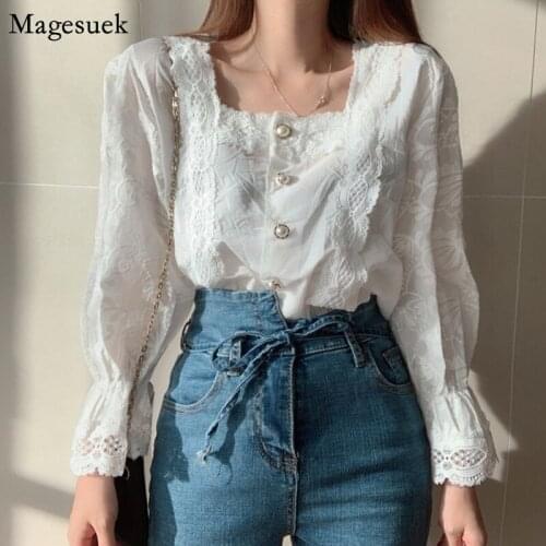 Vintage Hollow Lace Blouse Women Square Collar Long Sleeve White Shirt Korean Chic Clothes Elegant Fashion Tops Blusas 13688