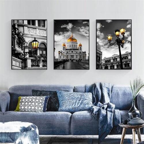 Building Castle Scenery Picture Home Decor Nordic Canvas Painting Wall Art Print Vintage Yellow Decor Painting for Living Room